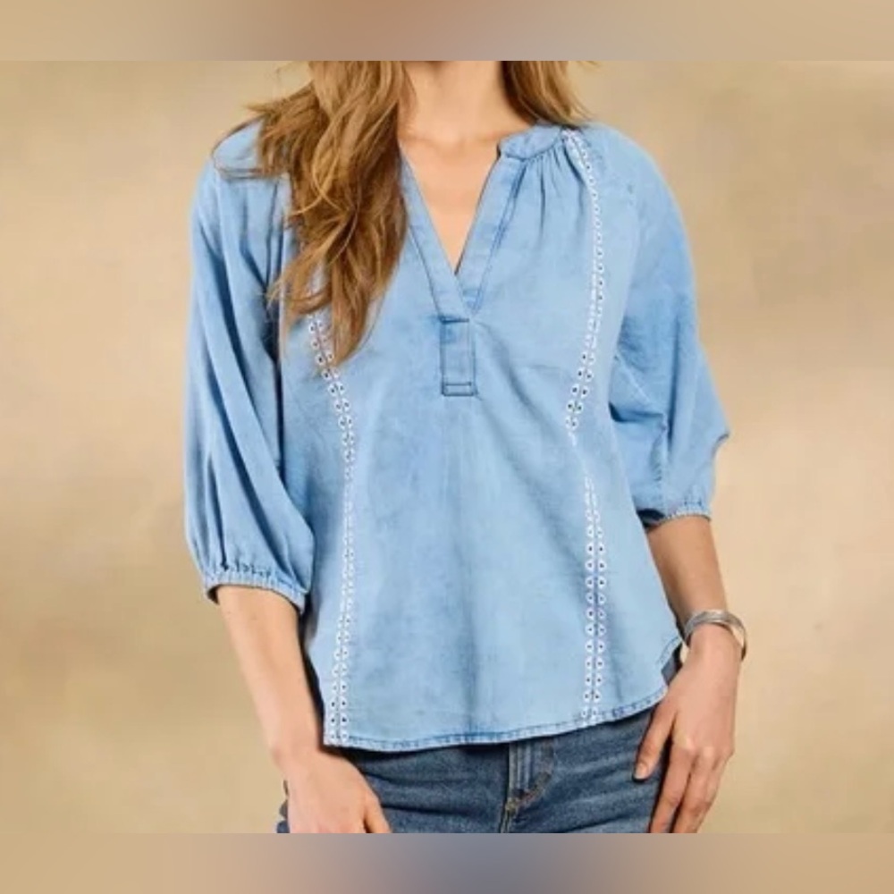 NWT Sundance Dylan Texanna Blouse Top Chambray Embroidered‎ Size L